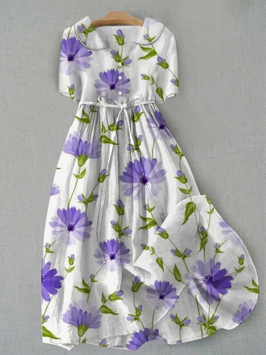 Sage - Vintage Floral Dress with Waist Ties and Half Sleeves